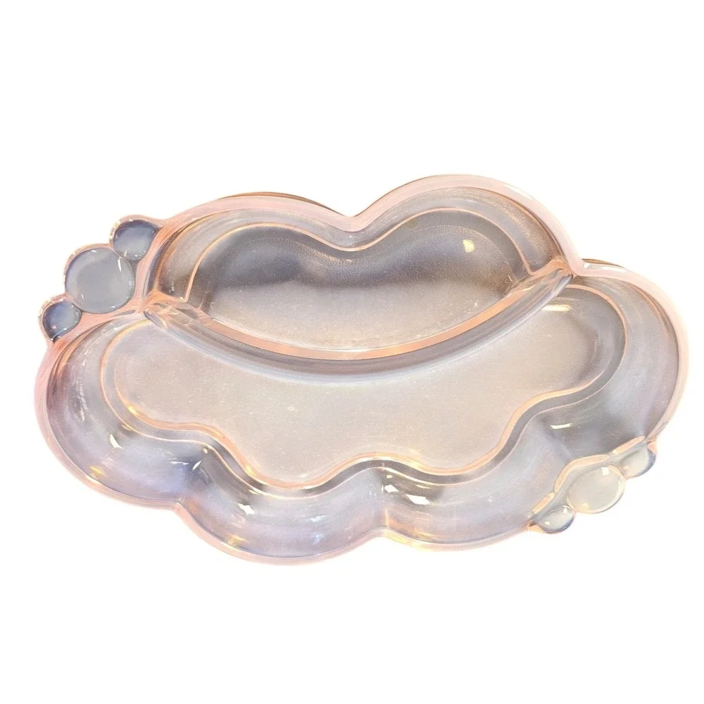 Iridescent Opalescent Glass Cloud Vanity Tray Divided Trinket Dish Pink Blue
